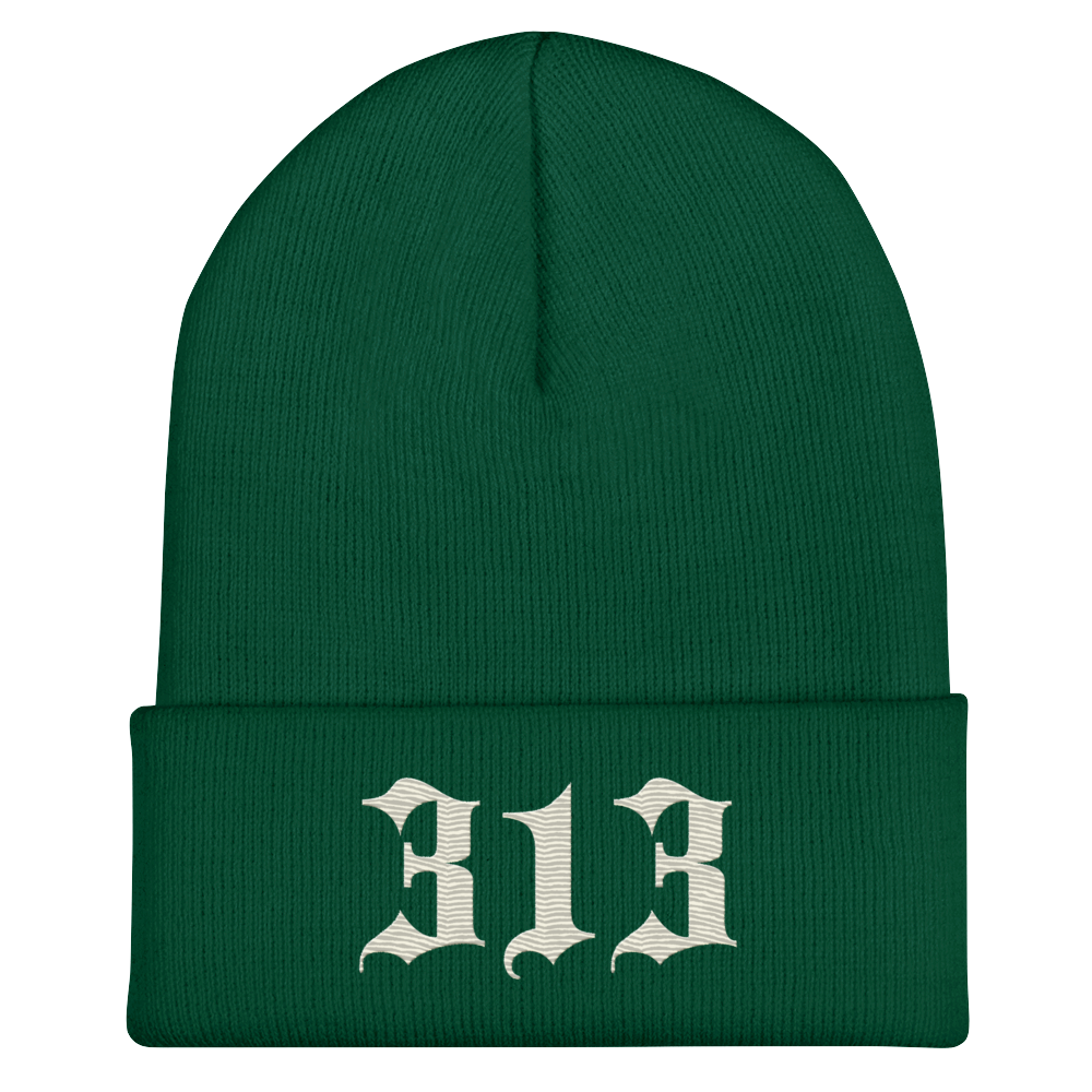 Detroit '313' Cuffed Beanie (Old English Font) | Ivory White