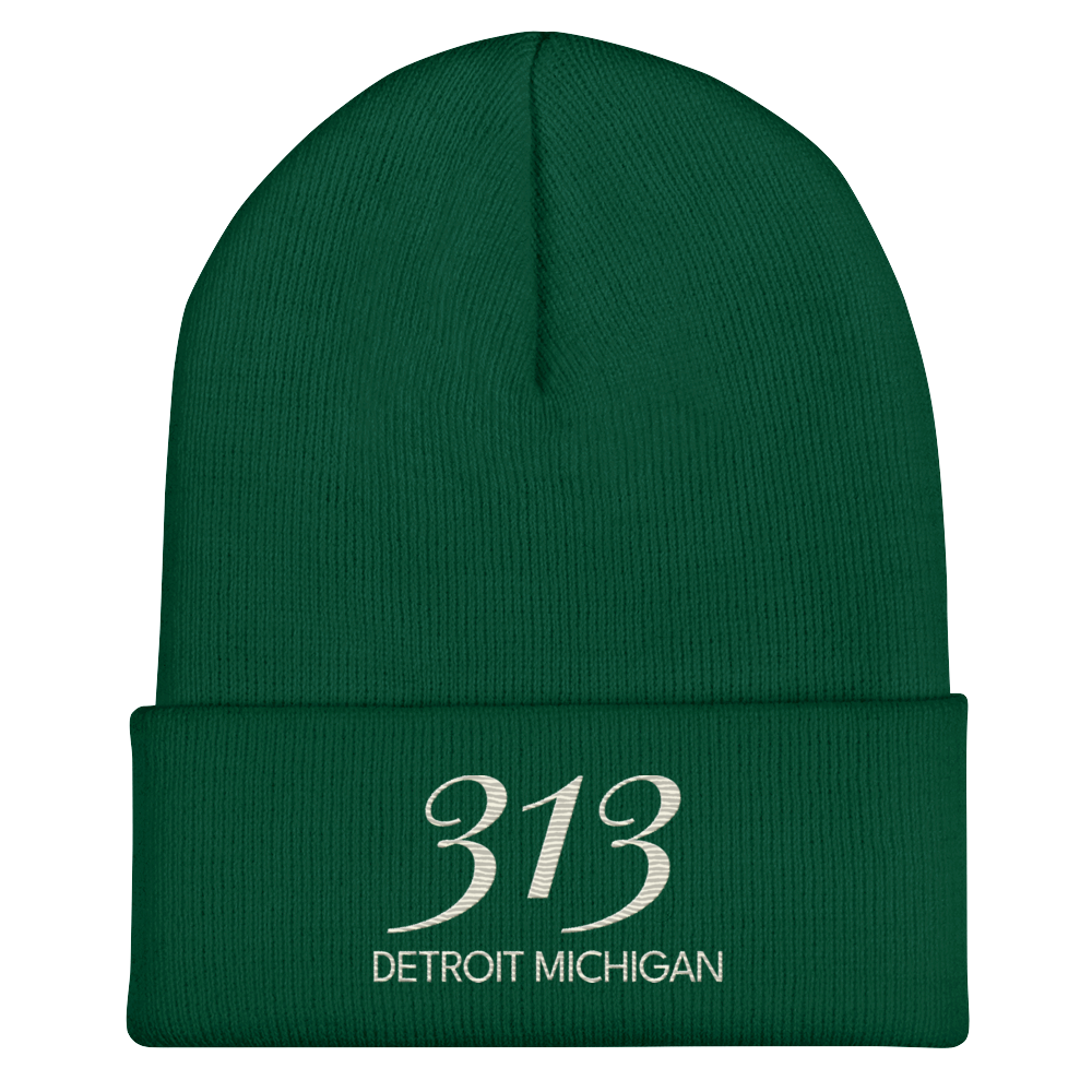 '313 Detroit Michigan' Cuffed Beanie | Ivory White