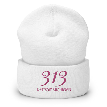 '313 Detroit Michigan' Cuffed Beanie | Apple Blossom Pink