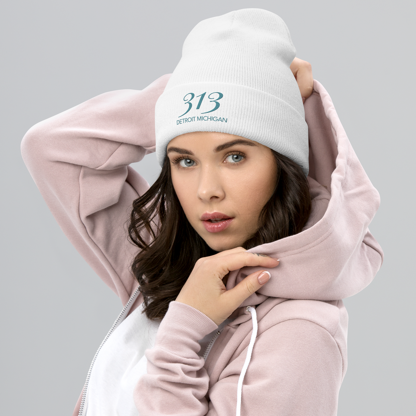 '313 Detroit Michigan' Cuffed Beanie | Huron Blue