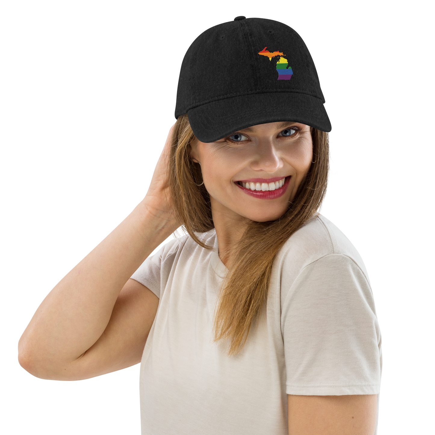 Michigan Denim Baseball Cap (Rainbow Pride Outline)