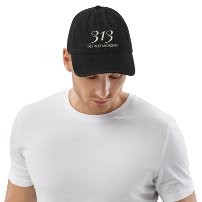 '313 Detroit Michigan' Denim Baseball Cap | Ivory White