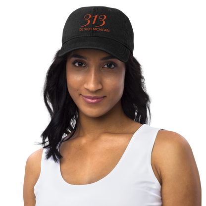 '313 Detroit Michigan' Denim Baseball Cap | Maple Leaf Orange