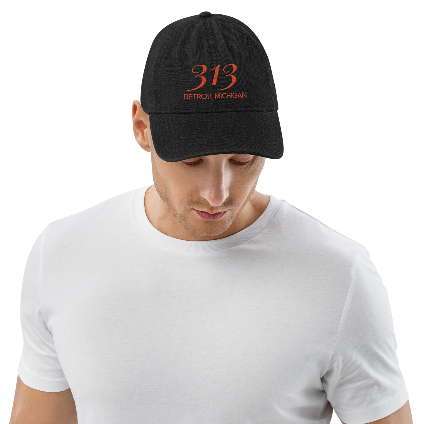 '313 Detroit Michigan' Denim Baseball Cap | Maple Leaf Orange