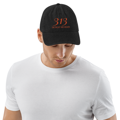 '313 Detroit Michigan' Denim Baseball Cap | Maple Leaf Orange