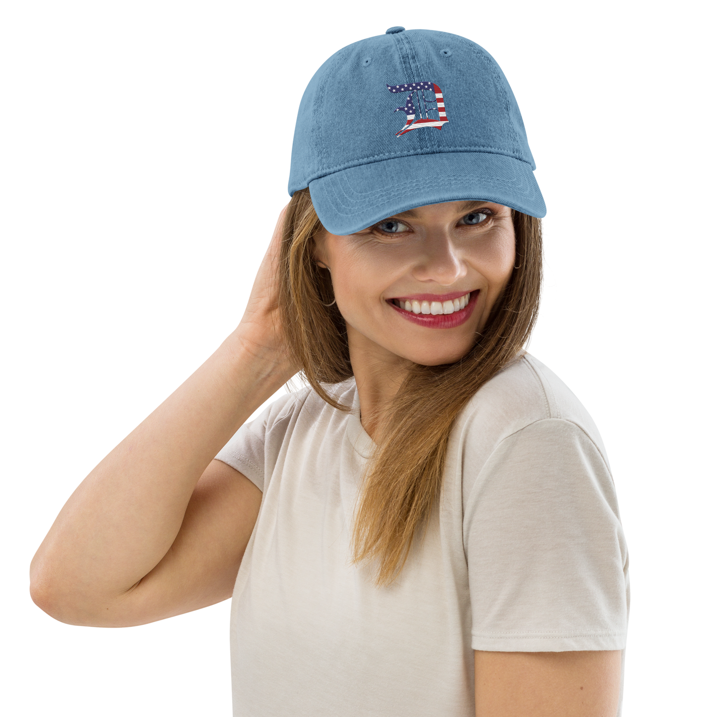 Detroit 'Old English D' Denim Baseball Cap (Patriotic Edition)