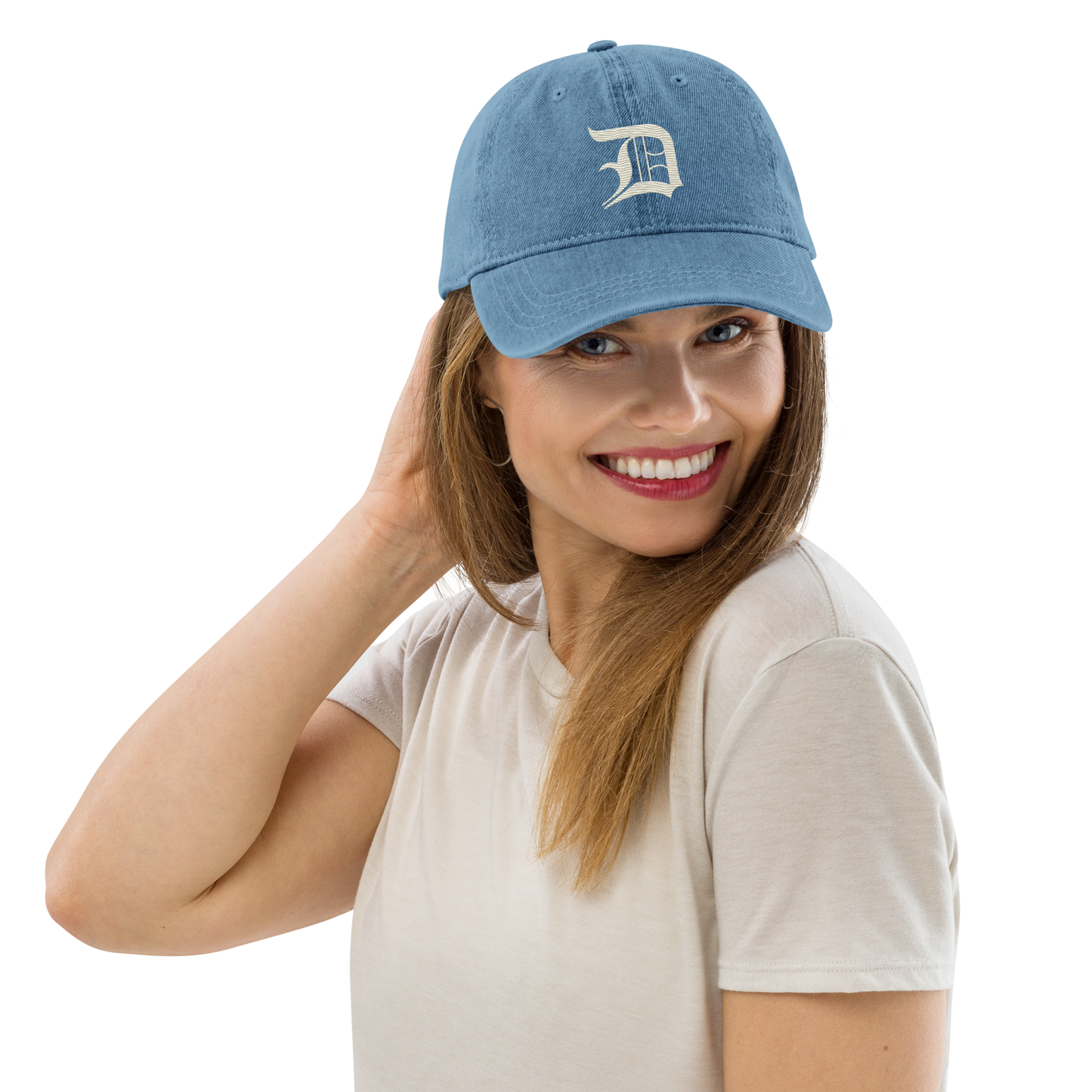 Detroit 'Old English D' Denim Baseball Cap (Ivory White)