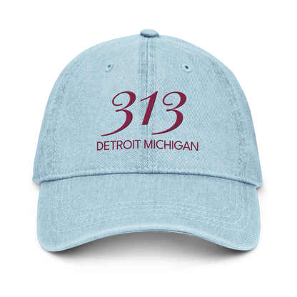 '313 Detroit Michigan' Denim Baseball Cap | Ruby Red