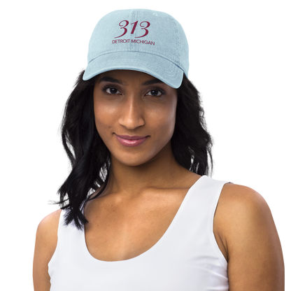 '313 Detroit Michigan' Denim Baseball Cap | Ruby Red