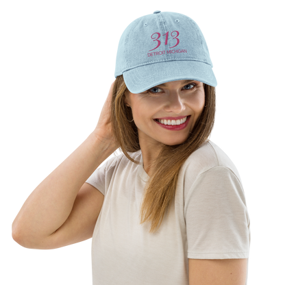 '313 Detroit Michigan' Denim Baseball Cap | Apple Blossom Pink