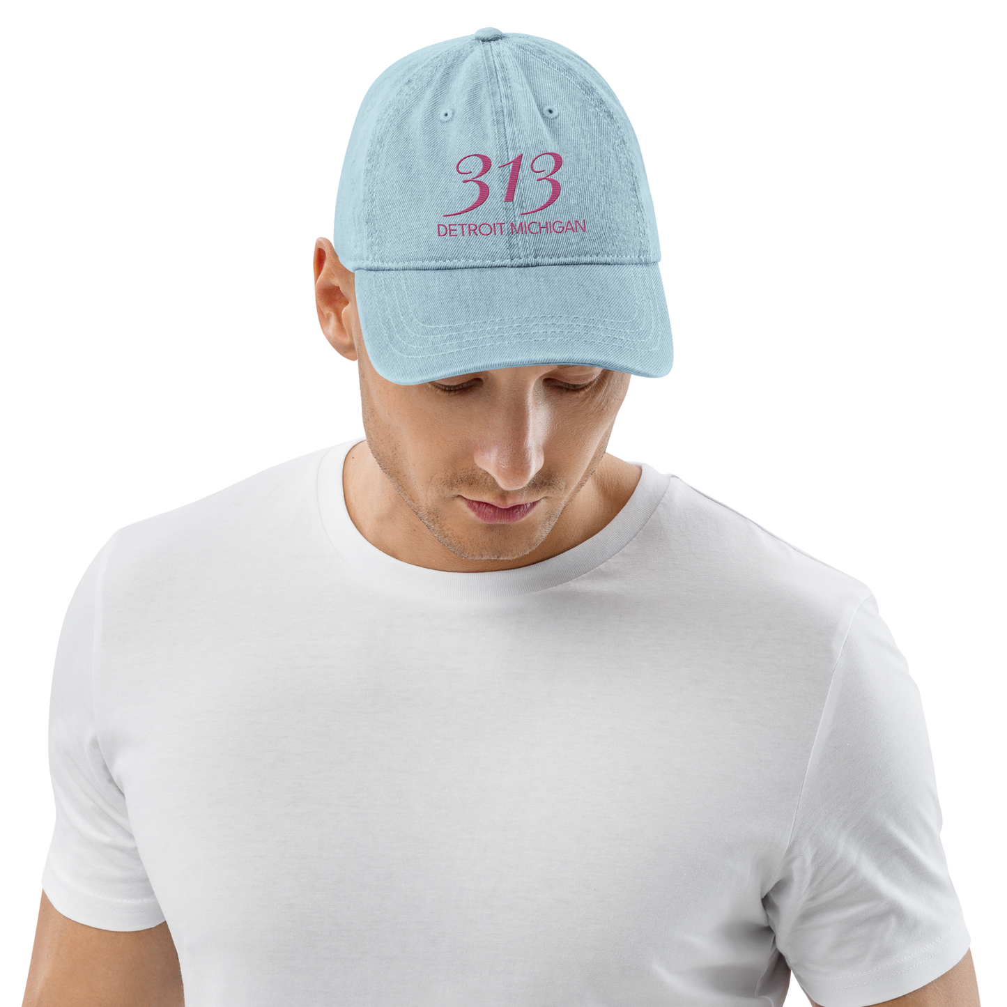 '313 Detroit Michigan' Denim Baseball Cap | Apple Blossom Pink