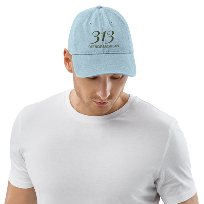 '313 Detroit Michigan' Denim Baseball Cap | Army Green