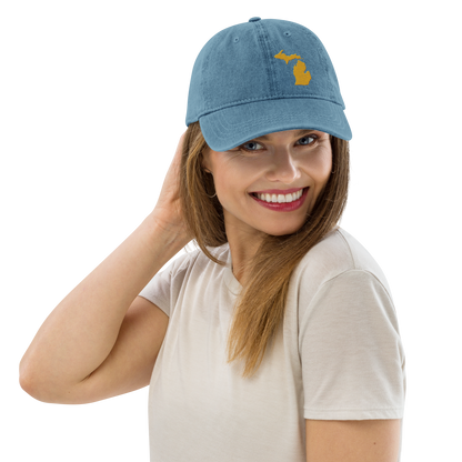 Michigan Denim Baseball Cap | Gold Outline