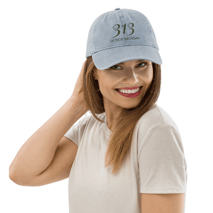 '313 Detroit Michigan' Denim Baseball Cap | Army Green