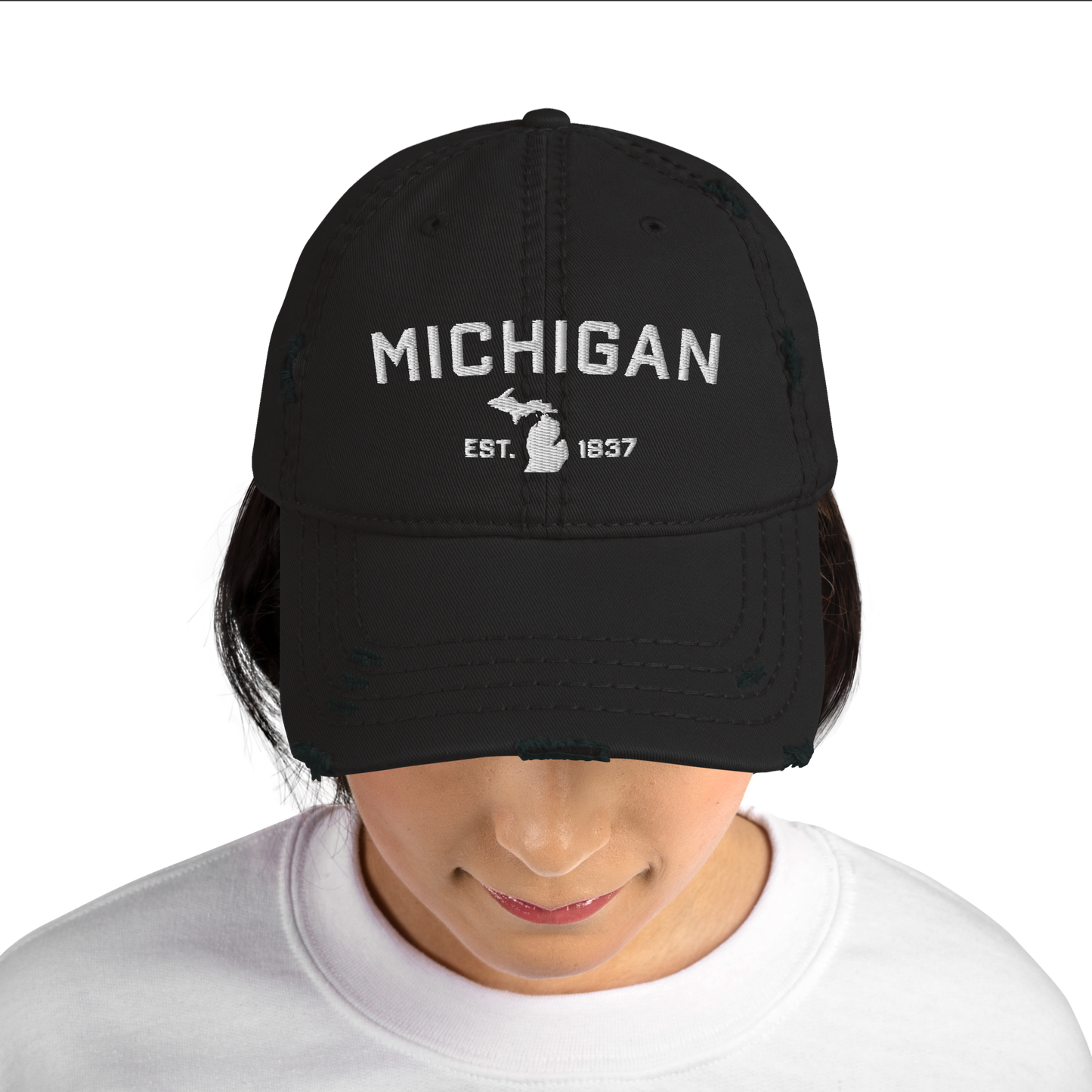 'Michigan EST 1837' Distressed Dad Hat (Athletic Font)