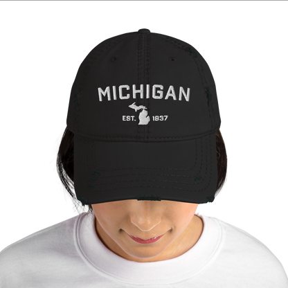 'Michigan EST 1837' Distressed Dad Hat (Athletic Font)