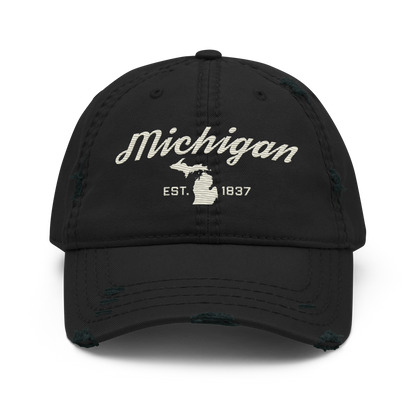 'Michigan EST. 1837' Distressed Dad Hat (Script Font) | Ivory White