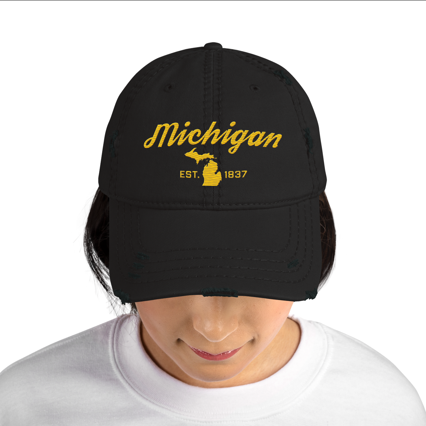 'Michigan EST. 1837' Distressed Dad Hat (Script Font) | Gold