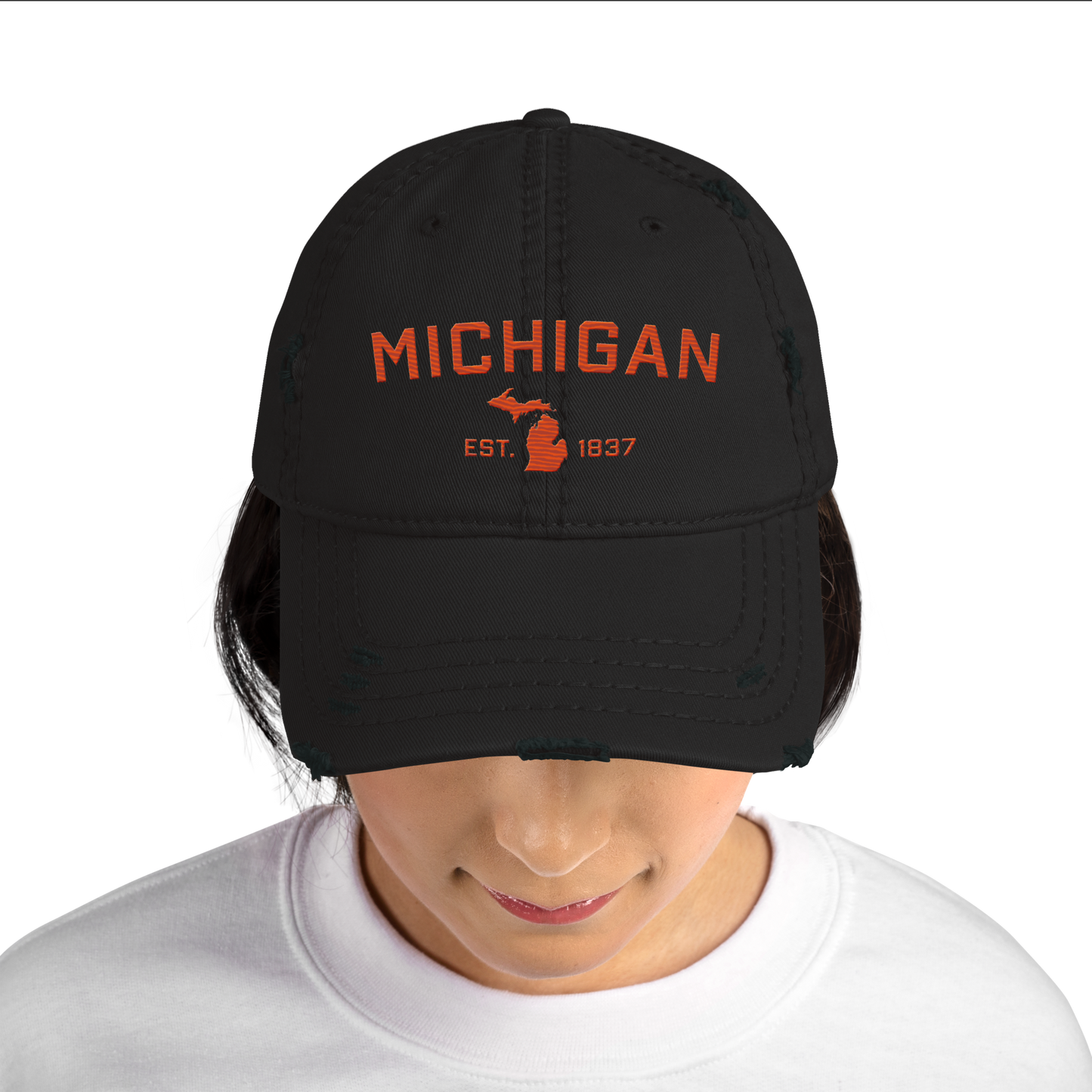 'Michigan EST. 1837' Distressed Dad Hat (Athletic Font) | Maple Leaf Orange