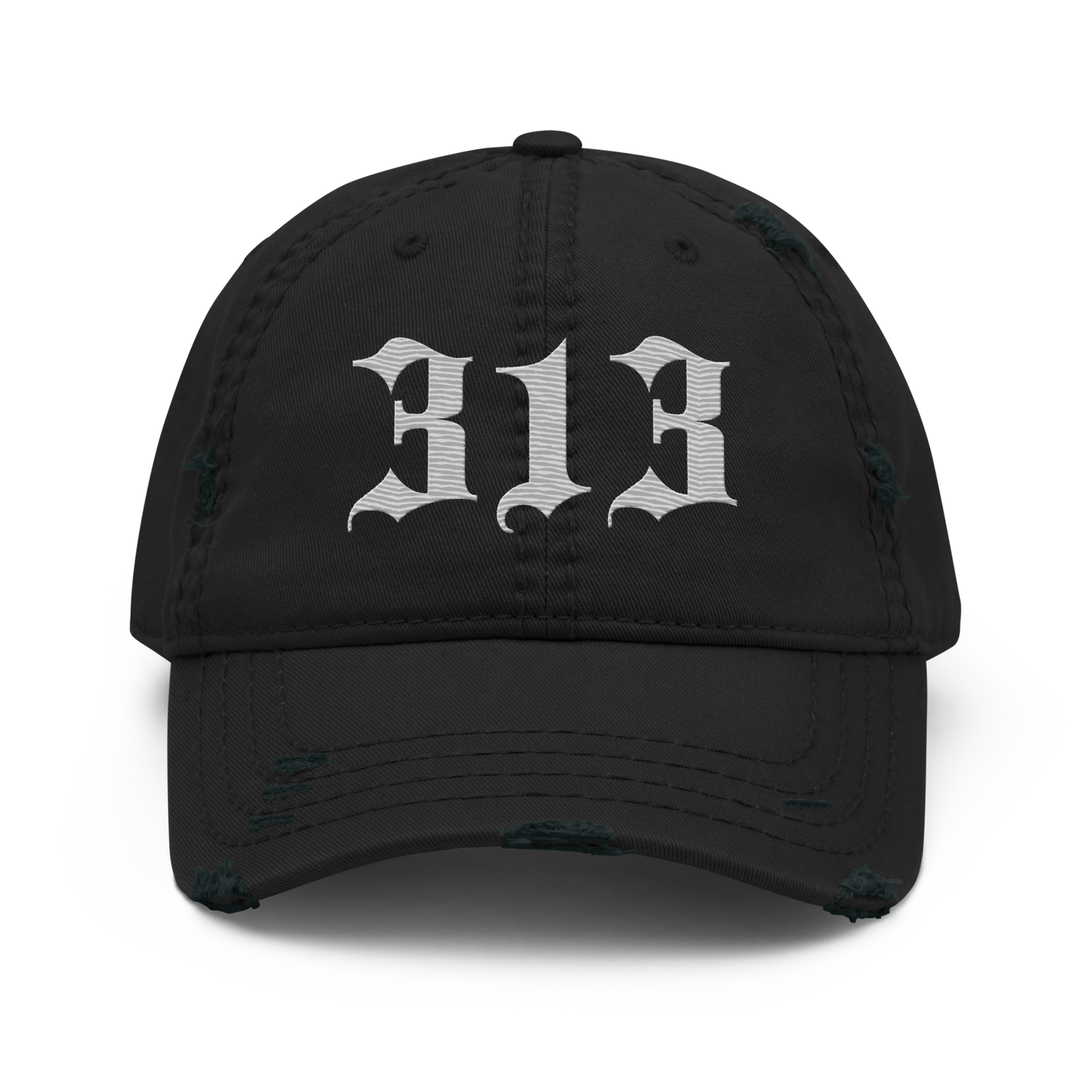 Detroit '313' Distressed Dad Hat (Old English) | Platinum