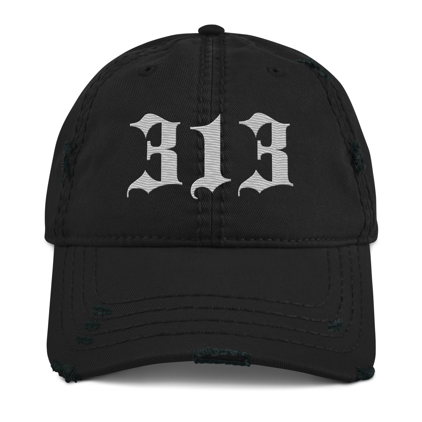 Detroit '313' Distressed Dad Hat (Old English) | Platinum