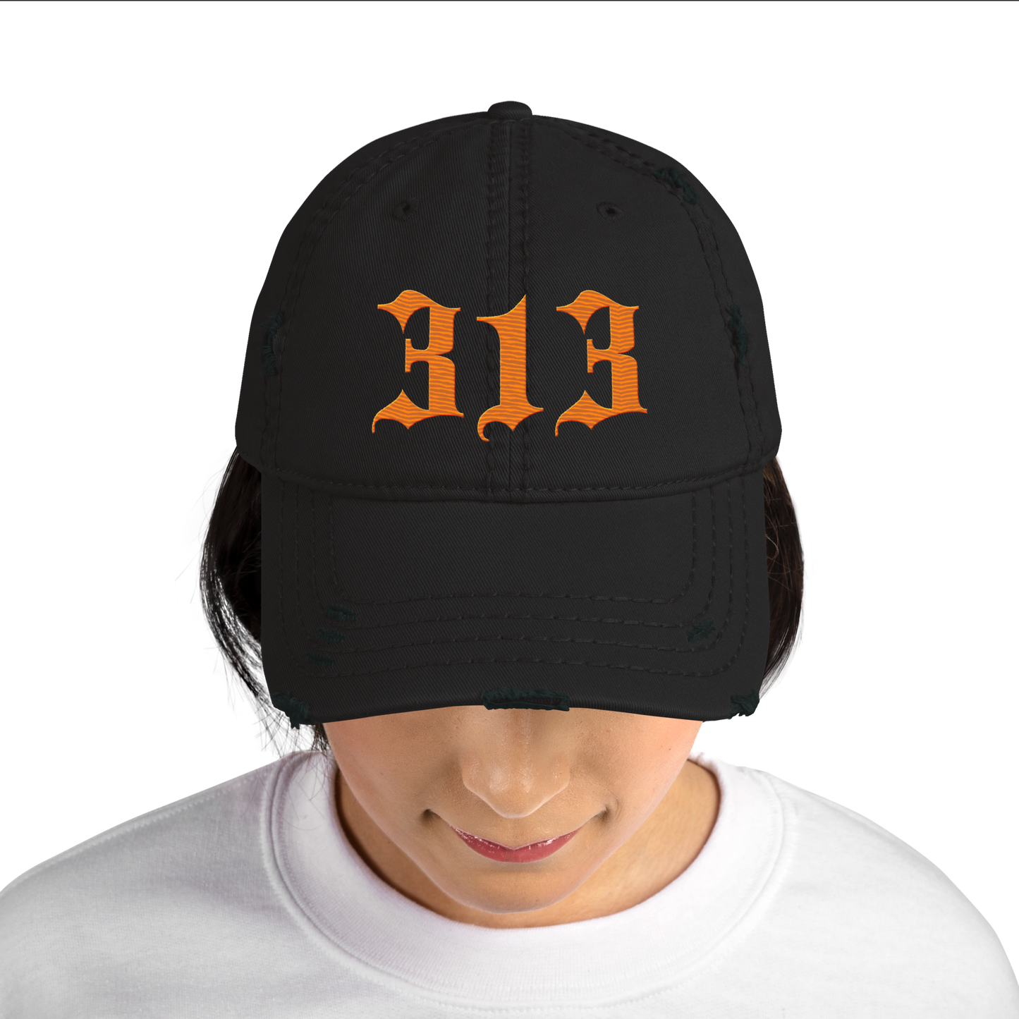 Detroit '313' Distressed Dad Hat (Old English) | Orange