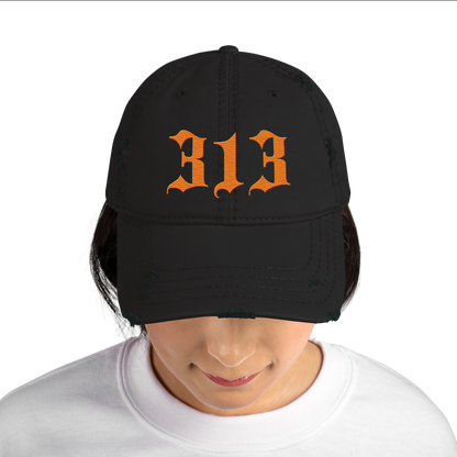 Detroit '313' Distressed Dad Hat (Old English) | Orange