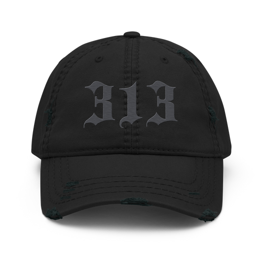 Detroit '313' Distressed Dad Hat (Old English) | Iron Ore Grey