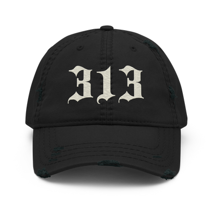 Detroit '313' Distressed Dad Hat (Old English) | Ivory White