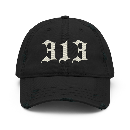 Detroit '313' Distressed Dad Hat (Old English) | Ivory White