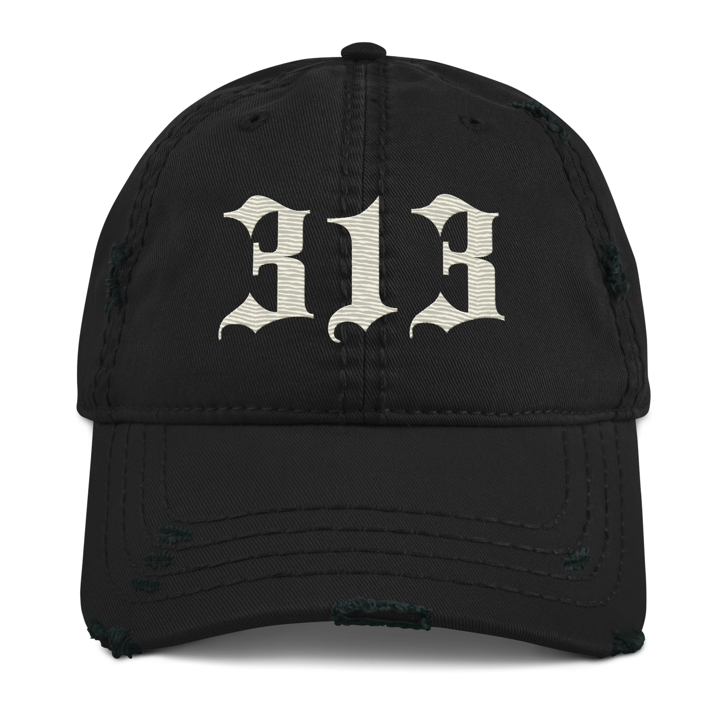 Detroit '313' Distressed Dad Hat (Old English) | Ivory White