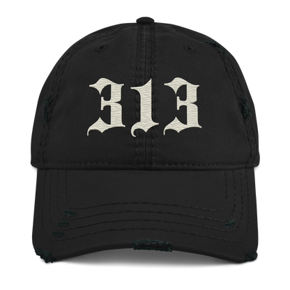 Detroit '313' Distressed Dad Hat (Old English) | Ivory White