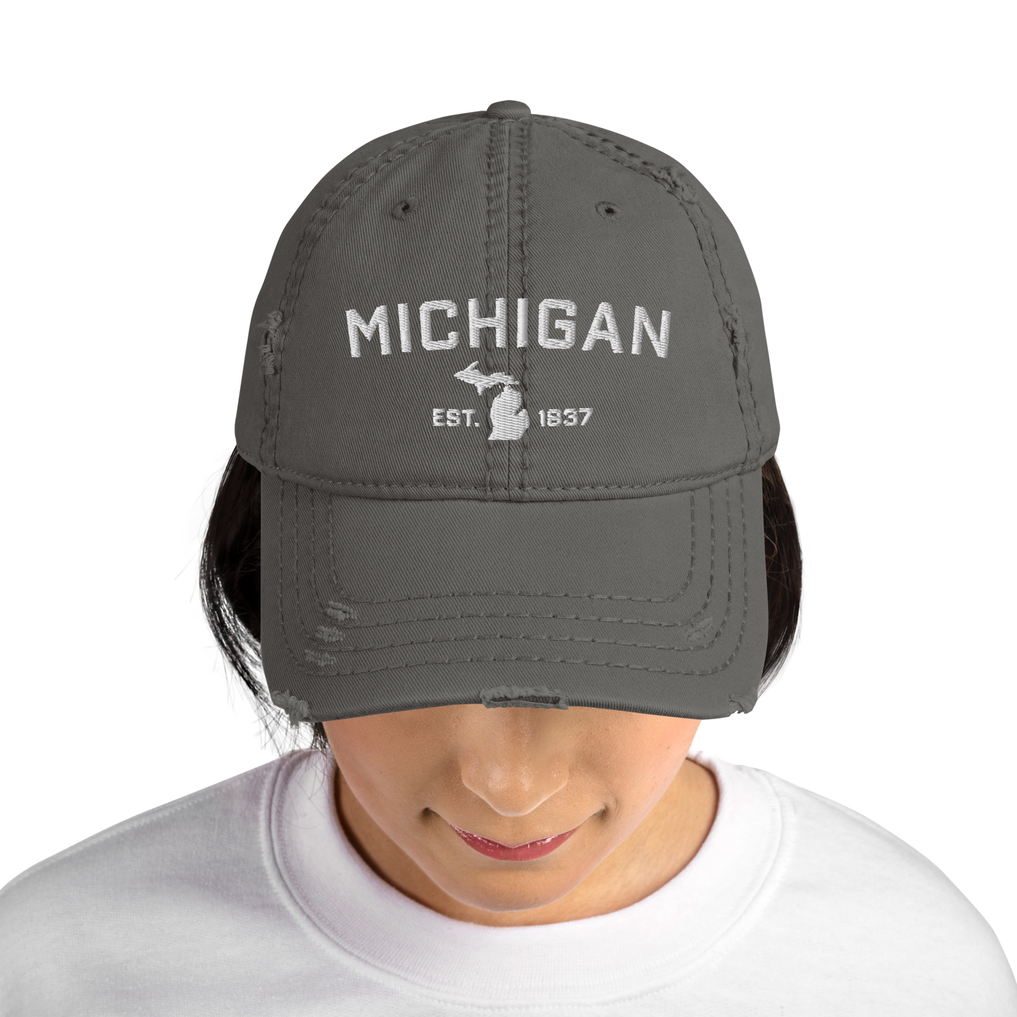 'Michigan EST 1837' Distressed Dad Hat (Athletic Font)