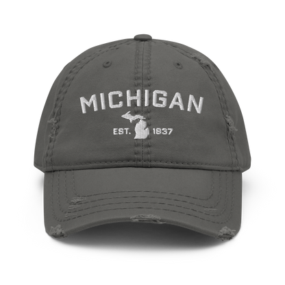 'Michigan EST 1837' Distressed Dad Hat (Athletic Font)