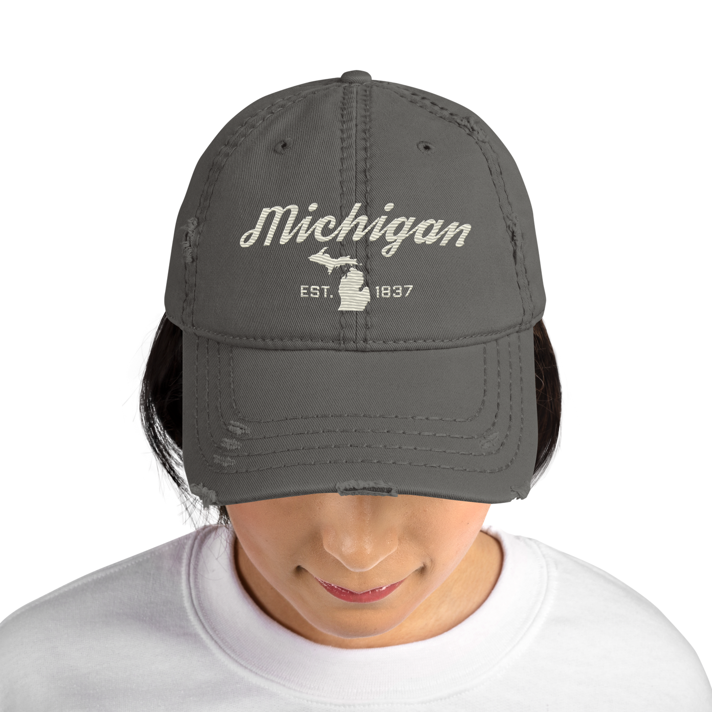 'Michigan EST. 1837' Distressed Dad Hat (Script Font) | Ivory White