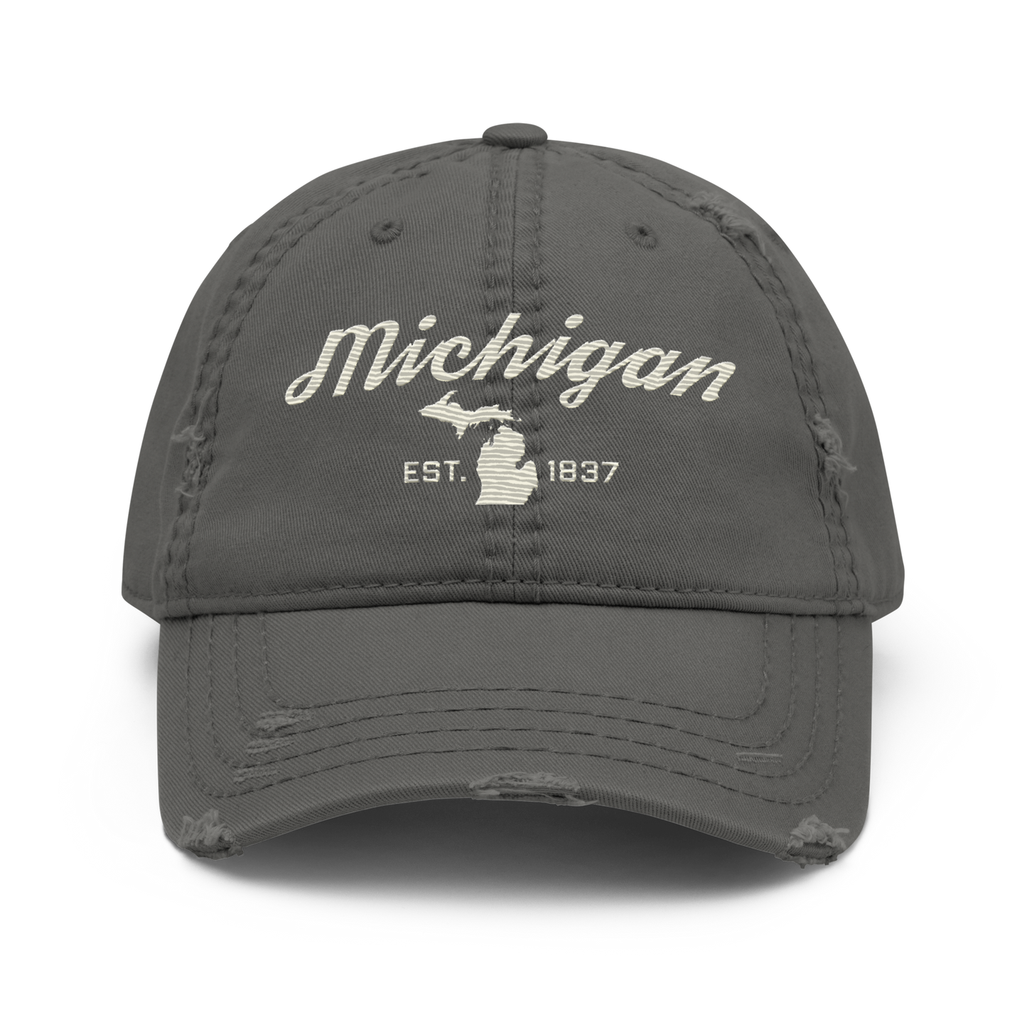 'Michigan EST. 1837' Distressed Dad Hat (Script Font) | Ivory White