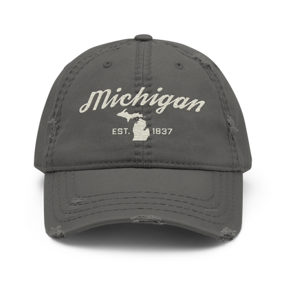 'Michigan EST. 1837' Distressed Dad Hat (Script Font) | Ivory White