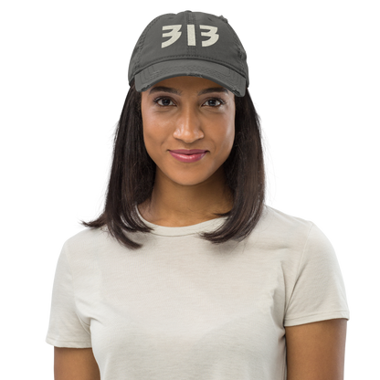 Detroit '313' Distressed Dad Hat (Glam Font) | Ivory White