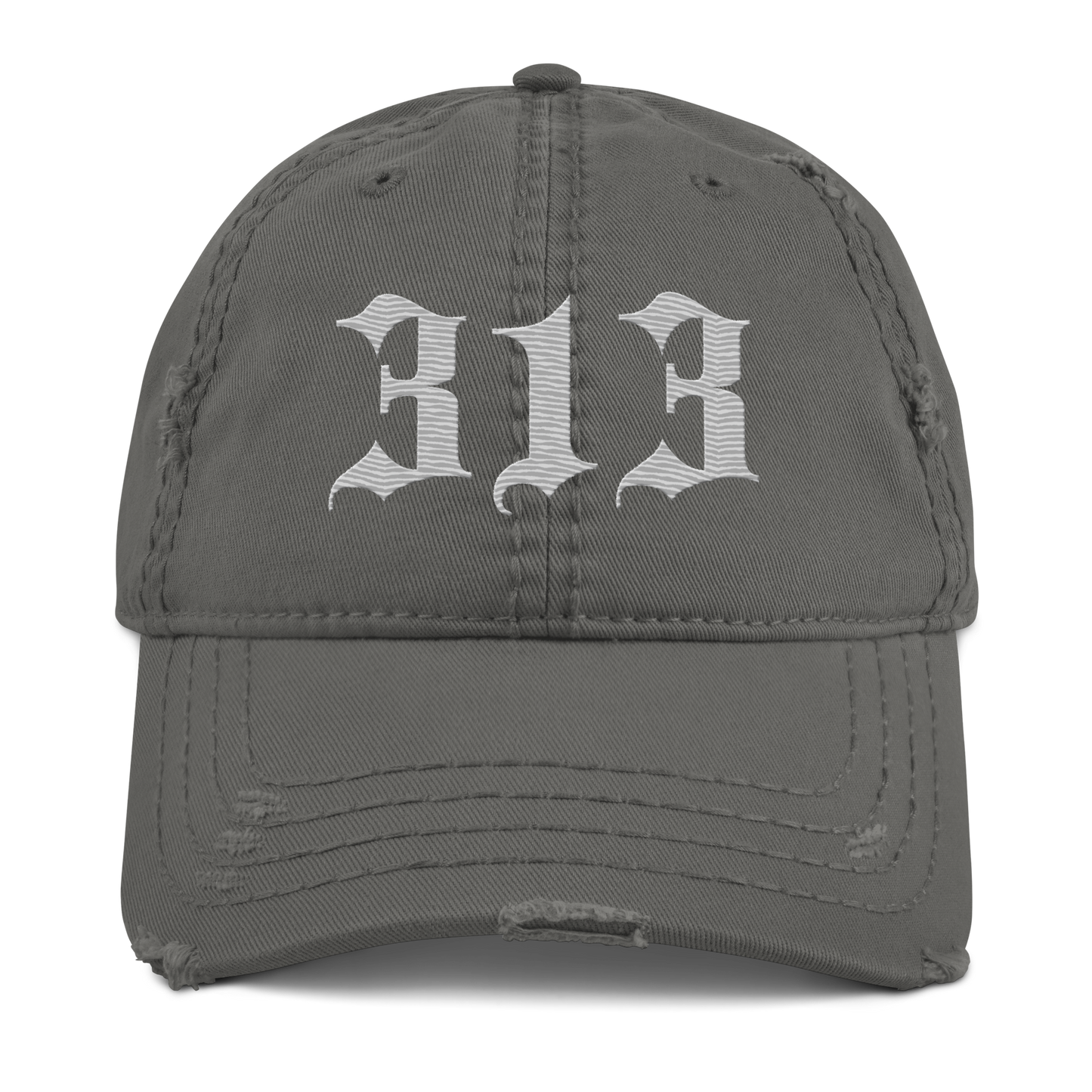 Detroit '313' Distressed Dad Hat (Old English) | Platinum