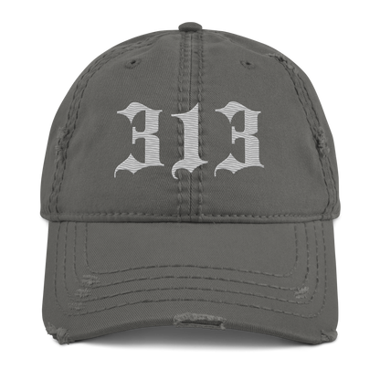 Detroit '313' Distressed Dad Hat (Old English) | Platinum