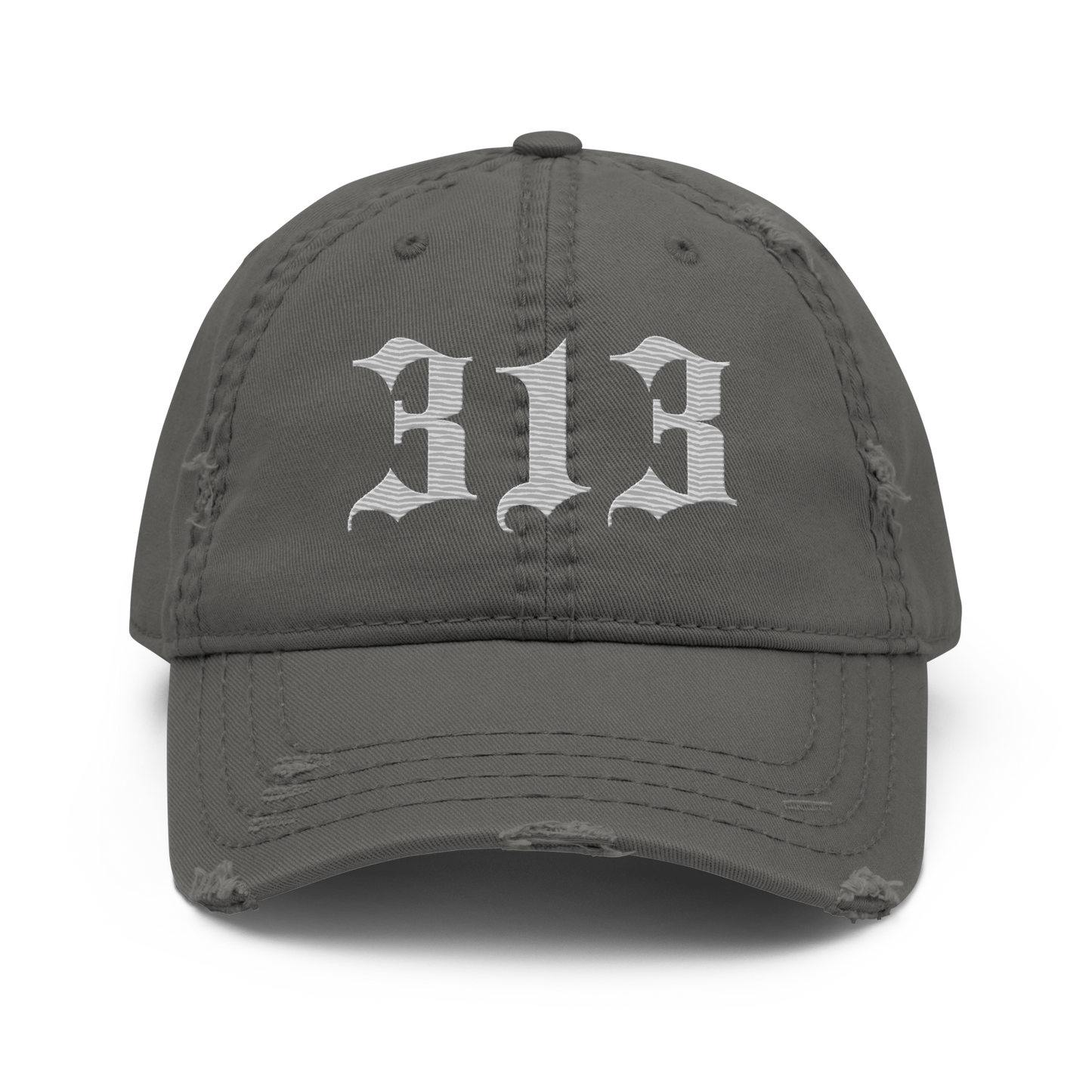 Detroit '313' Distressed Dad Hat (Old English) | Platinum