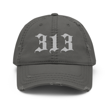 Detroit '313' Distressed Dad Hat (Old English) | Platinum