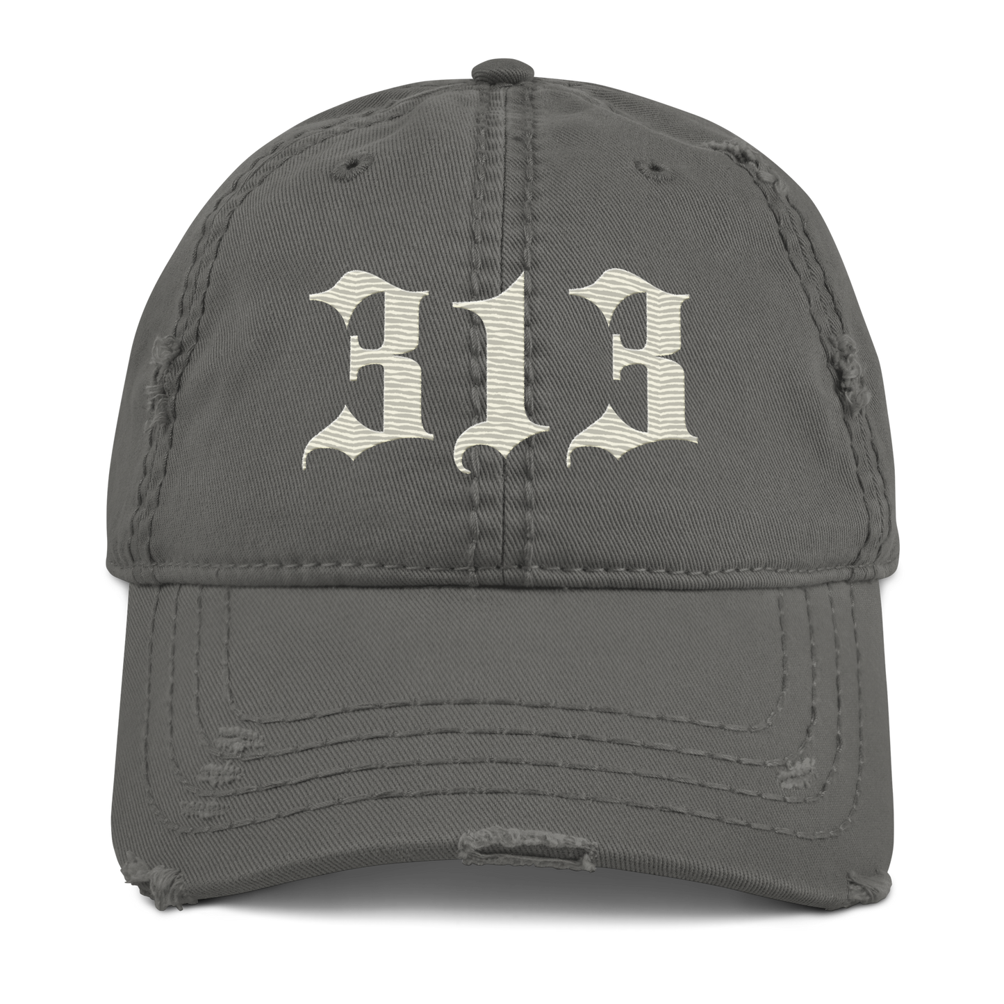 Detroit '313' Distressed Dad Hat (Old English) | Ivory White