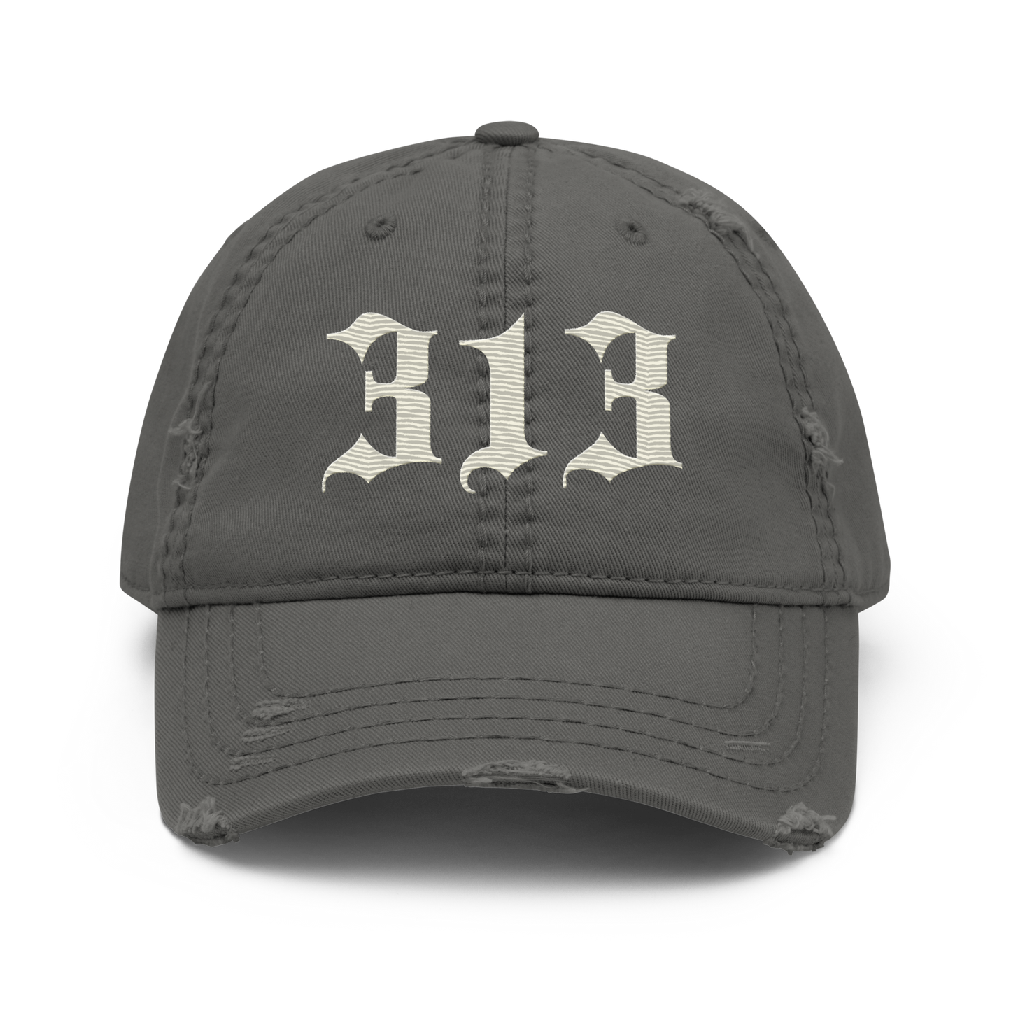 Detroit '313' Distressed Dad Hat (Old English) | Ivory White