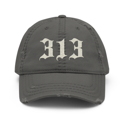 Detroit '313' Distressed Dad Hat (Old English) | Ivory White