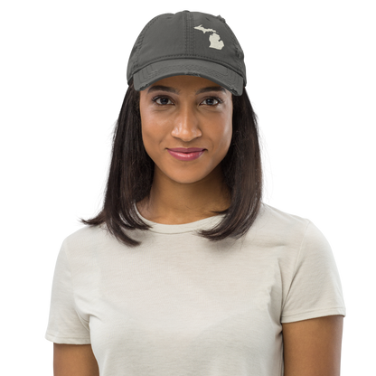 Michigan Distressed Dad Hat | Ivory White Outline