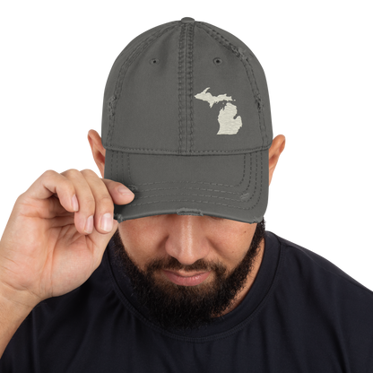 Michigan Distressed Dad Hat | Ivory White Outline