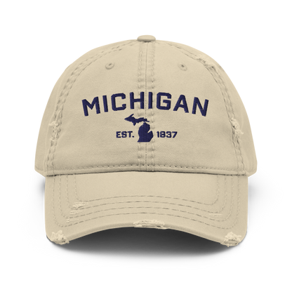 'Michigan EST 1837' Distressed Dad Hat (Athletic Font)