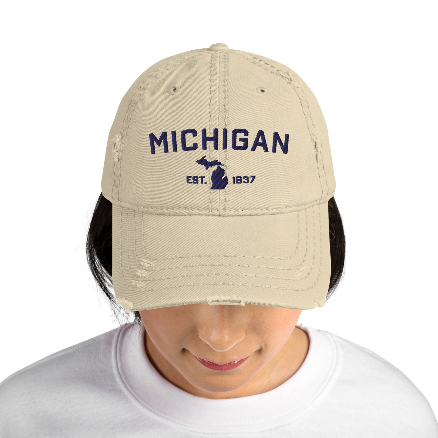 'Michigan EST 1837' Distressed Dad Hat (Athletic Font)