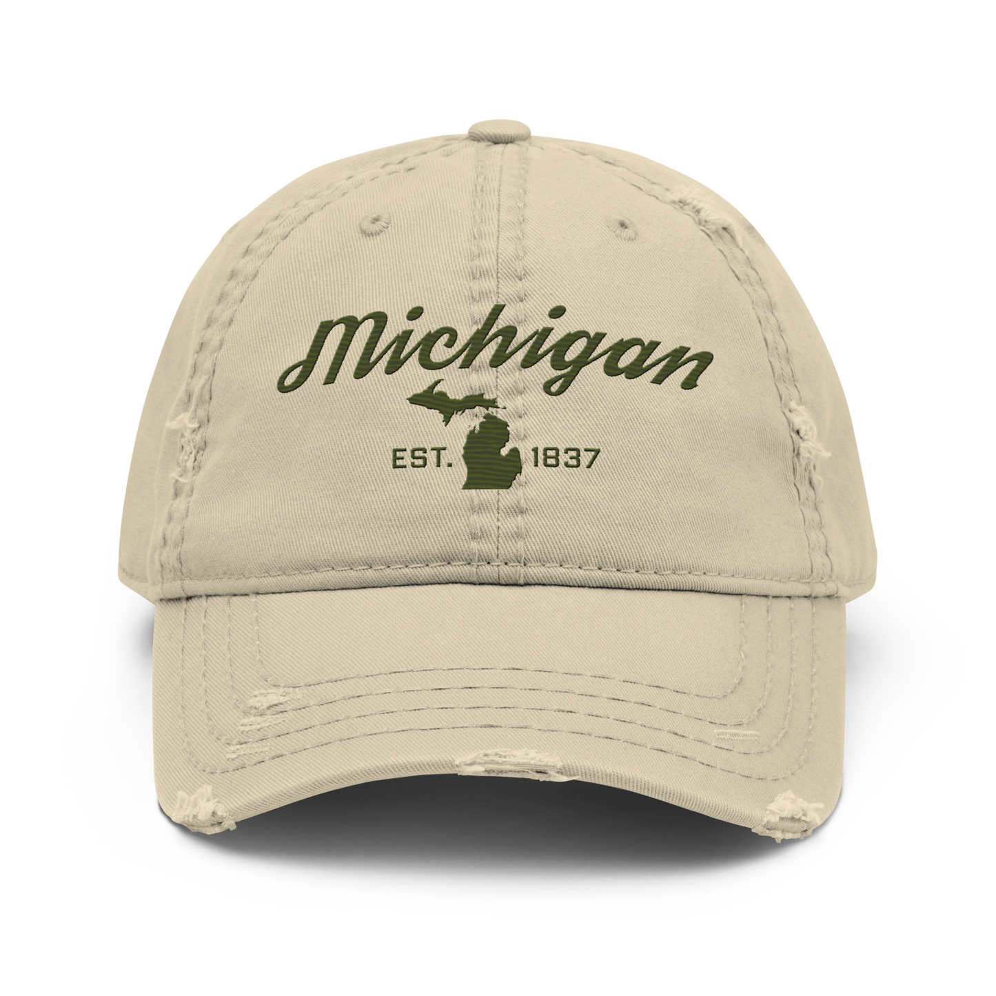 'Michigan EST. 1837' Distressed Dad Hat (Script Font) | Army Green